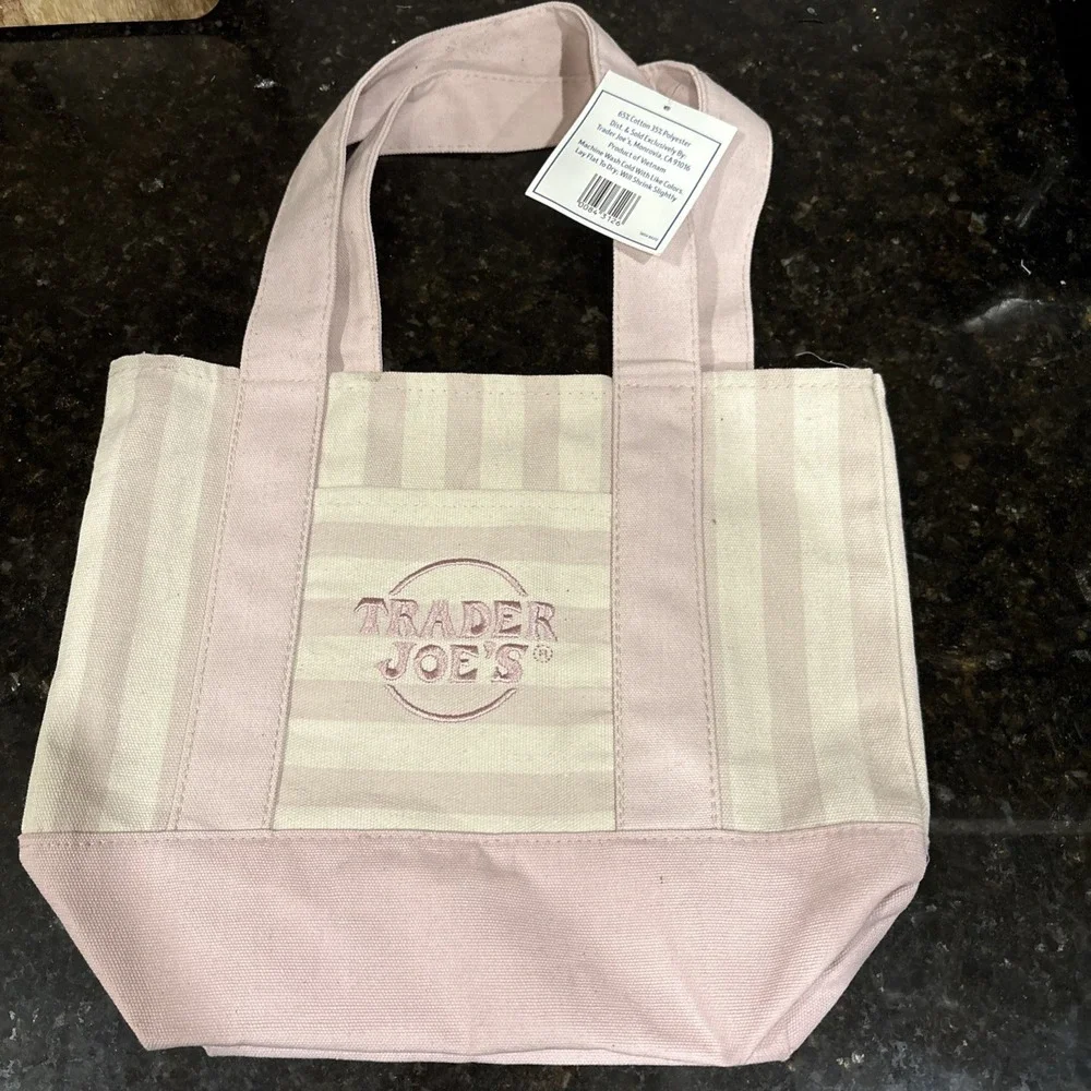 Trader Joe's Striped Pink Mini Tote Bag Preppy Travel Canvas NEW TAGS